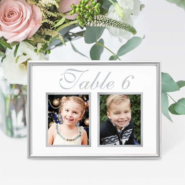 Elegantes Wedding Foto Silver White Tischnummer (Von Creator hochgeladen)