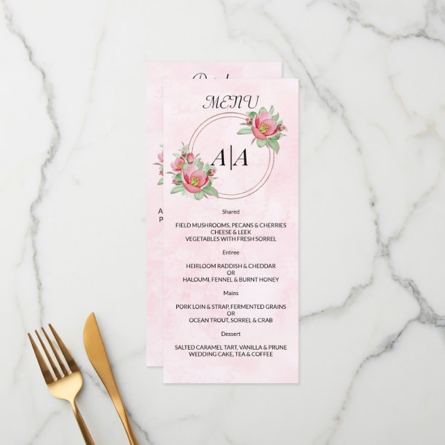 Elegantes WEDDING MENU. Menükarte (Vorderseite/Rückseite Beispiel)