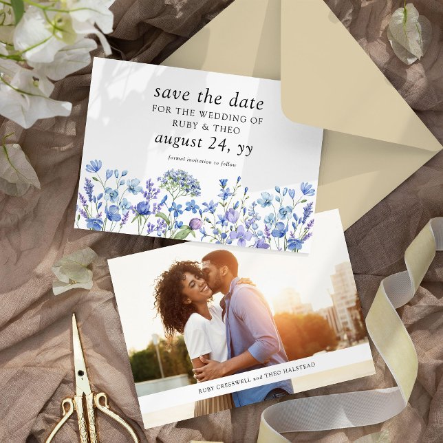 Elegantes Wedding Periwinkle Wildblume Foto Save The Date (Photo Wedding Save the Date invitation from my Lilac + Periwinkle Wildflower Wedding Collection)
