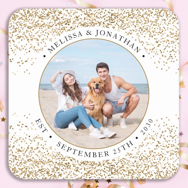 Elegantes Wedding Personalisiert Gold Glitzer Foto Rechteckiger Pappuntersetzer (Von Creator hochgeladen)