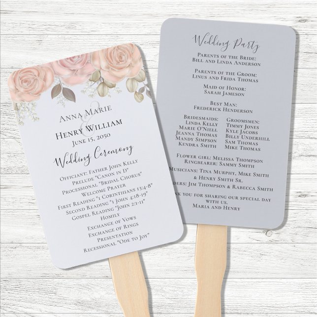 Elegantes Wedding Rose Gold Watercolor Programm Fächer (Blush pink and blue ceremony fan program.)