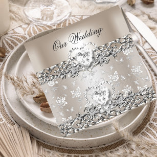 Elegantes Wedding Silver Cream Diamond Herz Einladung