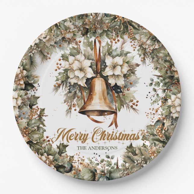 Elegantes Weibchen, goldenes Imitat Weihnachtsgloc Pappteller (Vorderseite)