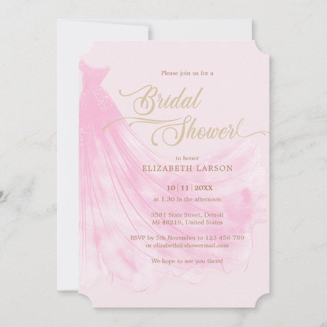 Elegantes, weich rosa Hochzeitskleid Brautparty Einladung (Vorderseite)