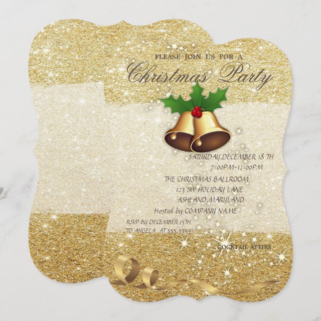 Elegantes Weihnachten Bell, Glittery, Einladung (Vorne/Hinten)