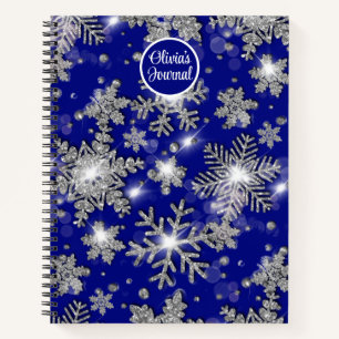 Elegantes Weihnachten blau weiß silberne Schneeflo Notizbuch