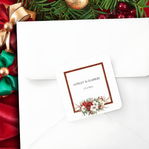 Elegantes Weihnachten Rot Damast Blumenmuster Quadratischer Aufkleber