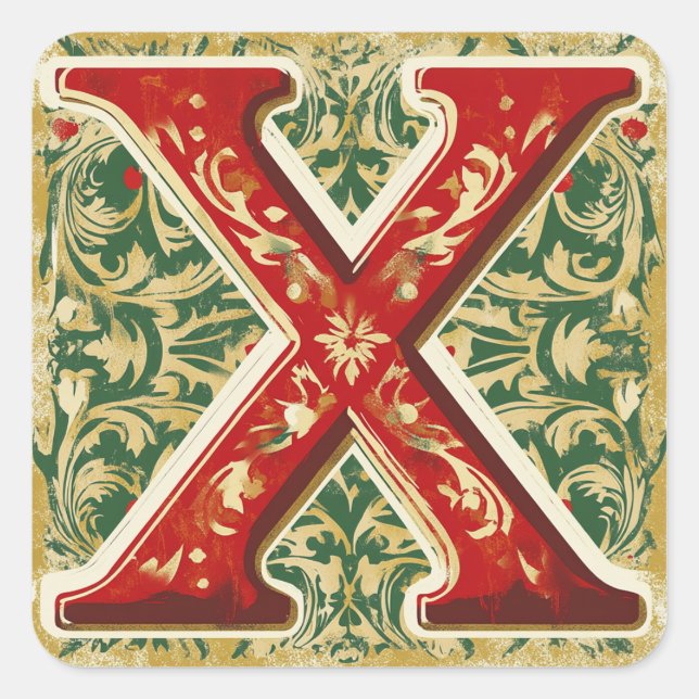 Elegantes Weihnachten X: Rot, Grün, Gold Quadratischer Aufkleber (Vorderseite)