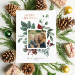 Elegantes Weihnachts-Botanisches Foliage Square 1  Feiertagspostkarte<br><div class="desc">Eine stilvolle, elegante Foto-Urlaubskarte, die mit dem botanischen, grünen und grünen Platz in Aquarellen im Hintergrund entworfen wurde. Ein serifenloser Schriftart von fröhlichen Weihnachtsberichten, in dem Sie die Farbe mit dem "Edit using Design Tool" und anderen Texten, die Sie von vorne nach hinten anpassen können, ändern können. Das quadratische Foto...</div>