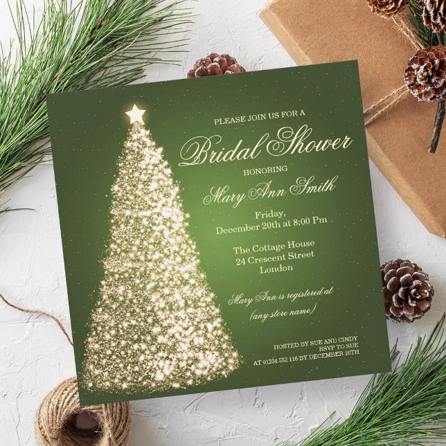 Elegantes Weihnachts-Brautparty Gold Green Einladung (Elegant Christmas Bridal Shower Gold Green Invitation)