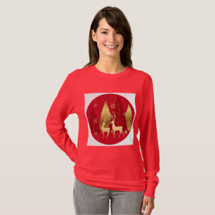 Elegantes Weihnachts-Gold-Rentier-Rotes-Langarm-Sh T-Shirt