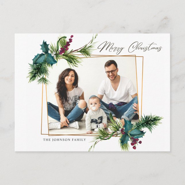 Elegantes Weihnachts Holly Pine Frame Foto Gruß Postkarte (Vorderseite)