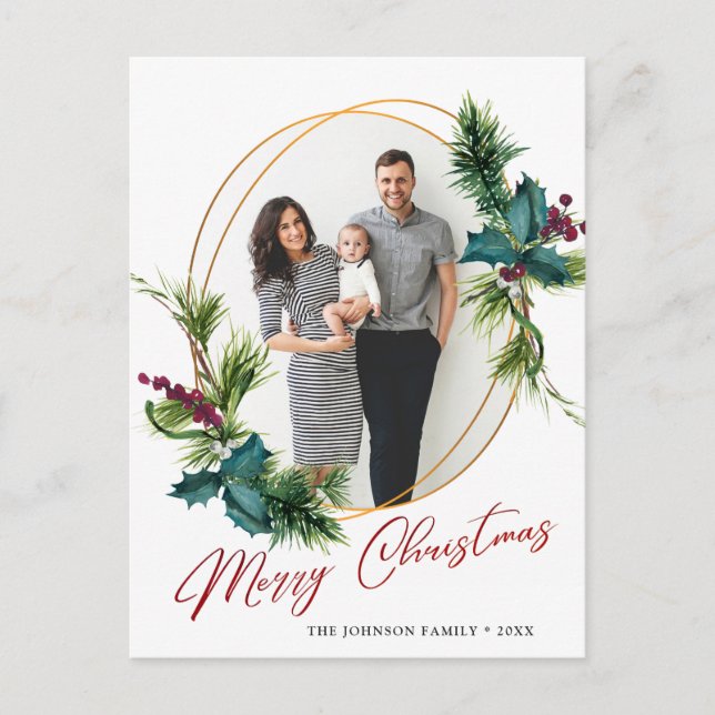 Elegantes Weihnachts Holly Pine Frame Foto Gruß Postkarte (Vorderseite)