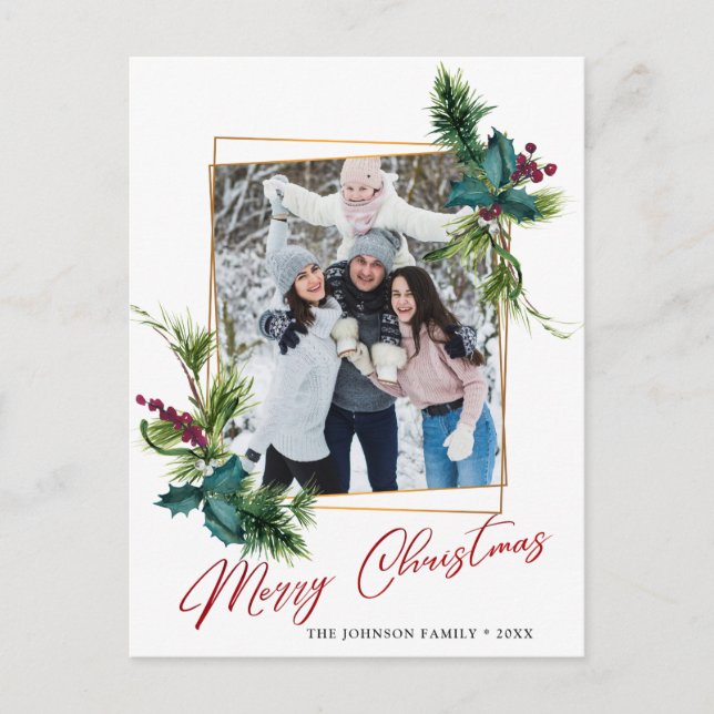 Elegantes Weihnachts Holly Pine Frame Foto Gruß Postkarte (Vorderseite)