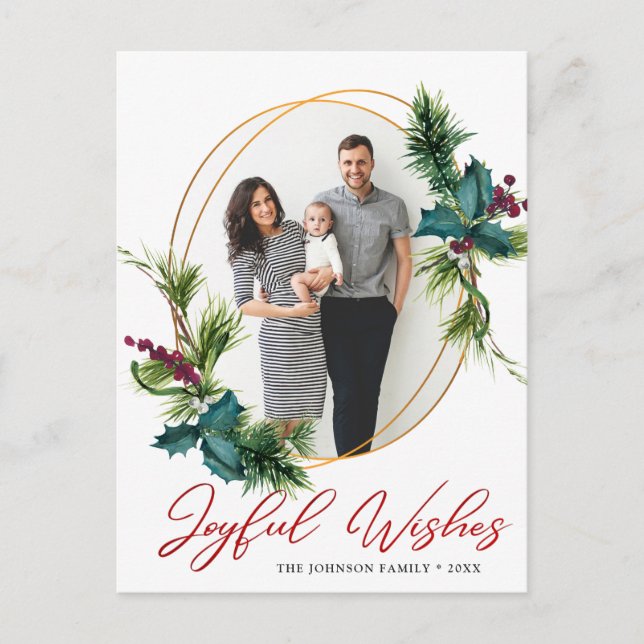 Elegantes Weihnachts-Joyful wünscht Holly Pine Fot Postkarte (Vorderseite)