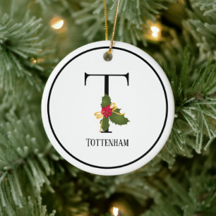 Elegantes Weihnachts-Monogramm-Stechpalmen-Buchsta Keramik Ornament