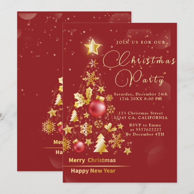 Elegantes Weihnachts-PARTY Gold Glitzer Rot Einladung (Vorne/Hinten)