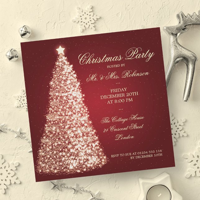 Elegantes Weihnachts-Party Gold Tree Red Einladung (Elegant Christmas Party Gold Tree Red Invitation)
