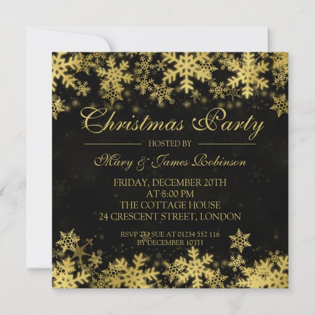 Elegantes Weihnachts-Party Goldene Winter-Schneefl Einladung (Vorderseite)