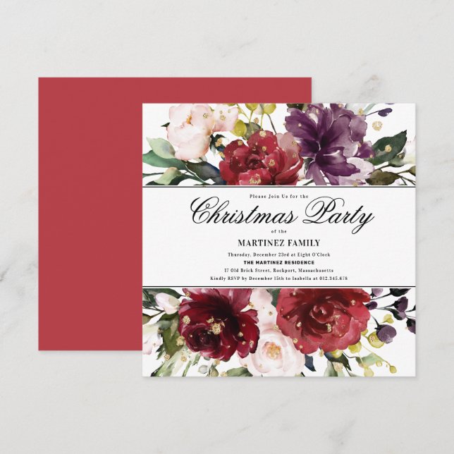 Elegantes Weihnachts-Party in Roter Flora Einladung (Vorne/Hinten)
