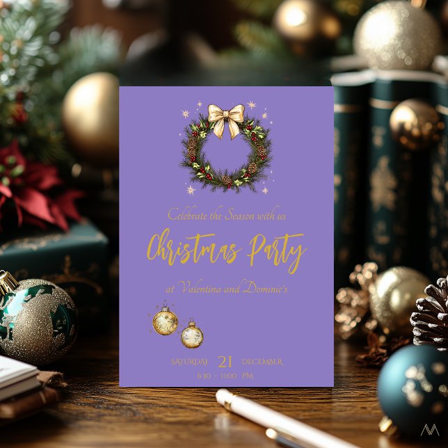 Elegantes Weihnachts-Party mit Kranz auf Lila Einladung (Von Creator hochgeladen)