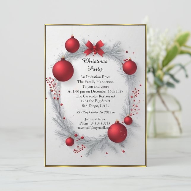 Elegantes Weihnachts-Party Red baubles Einladung (Stehend Vorderseite)