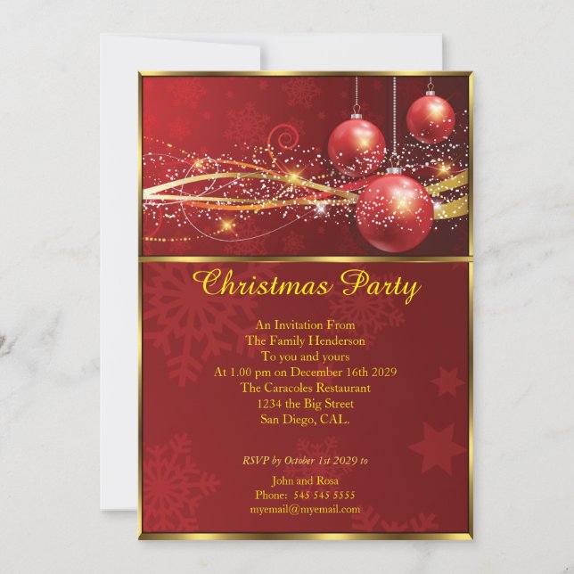 Elegantes Weihnachts-Party Red baubles gold Einladung (Vorderseite)