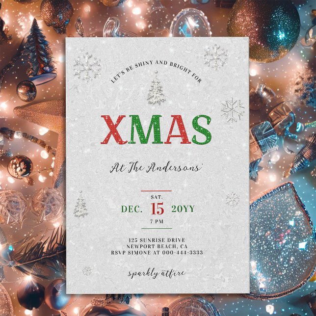 Elegantes Weihnachts-Party Rot Grün Weißer Glitzer Einladung (elegant christmas party invites rhinestones glitter bling red green white tree snow snowflakes glam )