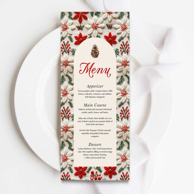 Elegantes Weihnachts-Party Rote Flora Menükarte (Christmas Dinner Party Menu Card)