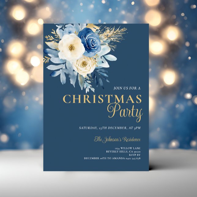 Elegantes Weihnachts-Party White & Blue Blumen Gol Einladung (Von Creator hochgeladen)