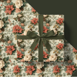 Elegantes Weihnachts-Pfirsich-und-Rahm-Blumen-Gesc Geschenkpapier