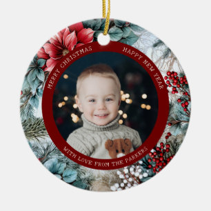 Elegantes Weihnachts-Poinsettias und Holly-Foto Keramik Ornament