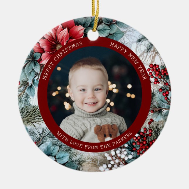 Elegantes Weihnachts-Poinsettias und Holly-Foto Keramik Ornament (Vorne)