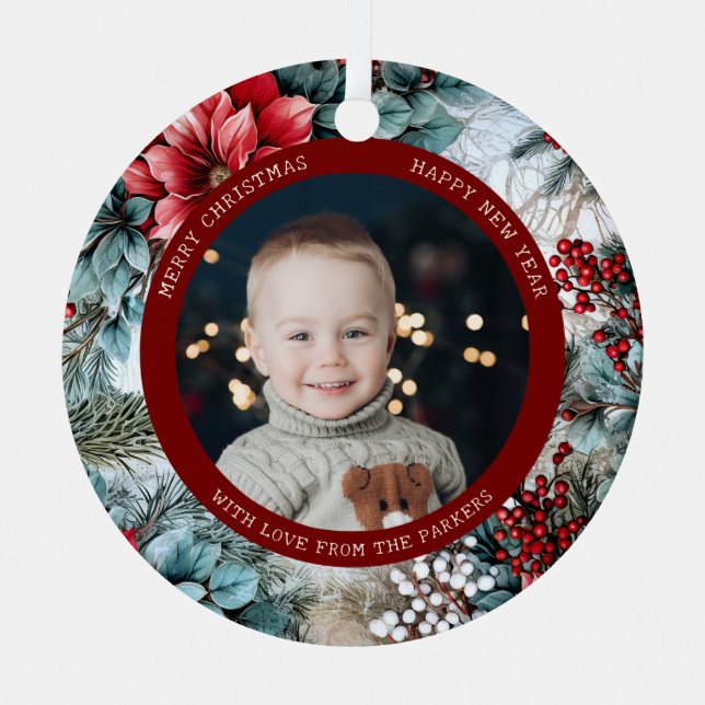 Elegantes Weihnachts-Poinsettias und Holly-Foto Ornament Aus Metall (Vorderseite)