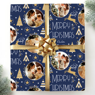 Elegantes Weihnachts-Rentier-Foto Navy Blau Geschenkpapier