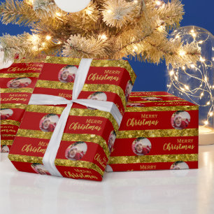 Elegantes Weihnachts-Rot & Gold Stripes Baby-Foto Geschenkpapier