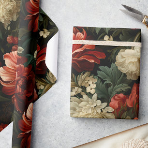 Elegantes Weihnachts-Rot- und Creme-Blumendekoupag Geschenkpapier