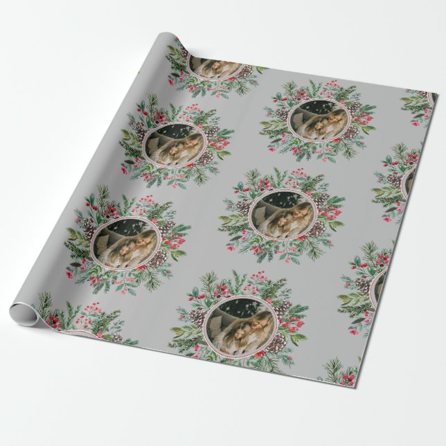 Elegantes Weihnachts-Round-Frame-Foto Silver Geschenkpapier (Ungerollt)