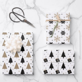 Elegantes Weihnachts-Schwarz-Gold-Skandinavien-Mus Geschenkpapier Set