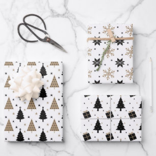 Elegantes Weihnachts-Schwarz-Gold-Skandinavien-Mus Geschenkpapier Set