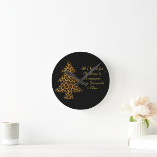 Elegantes Weihnachtsbaum-Design mit Leopardendruck Runde Wanduhr