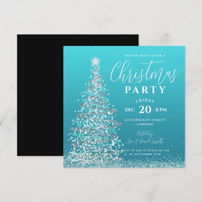Elegantes Weihnachtsbaum Party Silberner Aquamarin Einladung (Vorne/Hinten)