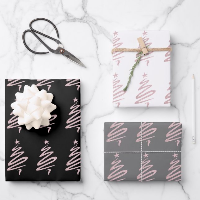 Elegantes Weihnachtsbaummuster der Rose Geschenkpapier Set (Vorderseite)