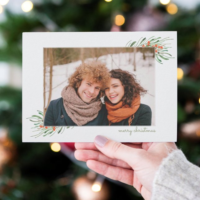 Elegantes Weihnachtsblatt Berries Foto Feiertagskarte (Von Creator hochgeladen)