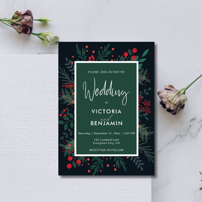 Elegantes Weihnachtsblatt Rot und Grün Hochzeit Einladung (Elegant Christmas Foliage Red and Green Wedding Invitation)