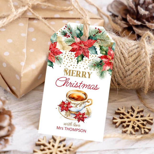 Elegantes Weihnachtsbrunch-Party Geschenkanhänger (Elegant Christmas brunch tea party template Gift Tags watercolor poinsettia cup of tea pines gold)