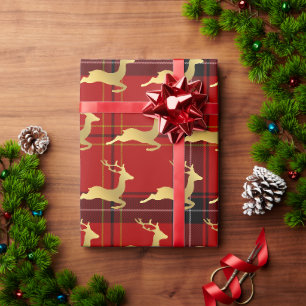 Elegantes Weihnachtsbüffel Kariertes Muster & Gol Geschenkpapier