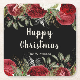 Elegantes Weihnachtsdinnerparty mit roten Blumen Rechteckiger Pappuntersetzer