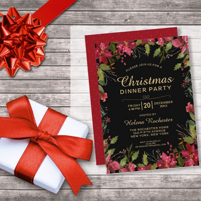 Elegantes Weihnachtsessen Party Hübsch Poinsetta Einladung (Von Creator hochgeladen)