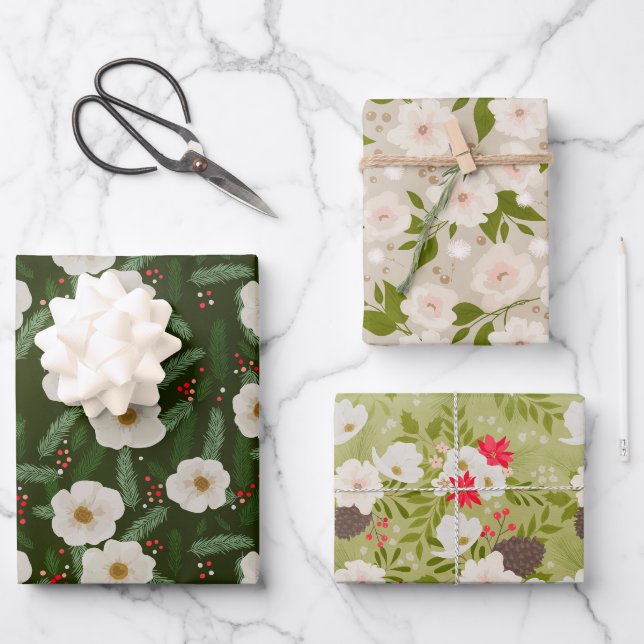 Elegantes Weihnachtsfest Blumenmuster Geschenkpapier Set (Vorderseite)